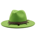 Flat brim wool felt fedora in bright green with ethnic pattern band and beaded tassels - M (56-58cm) / Green