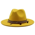 Yellow wool fedora hat with bohemian ethnic ribbon and tassel charms on white background - M (56-58cm) / Yellow