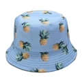 Close-up of light blue sun hat featuring vibrant yellow pineapple print and canvas texture - M / Blue Small Pineapple