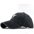 Side view detail of black washed cotton baseball cap with white letter T embroidery - Adjustable / Washed Black Double Pistols