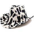 Sombrero vaquero occidental con estampado de vaca, ala enrollada y fieltro grueso - M (56-58cm) / Blanco