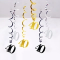 Set of 40th birthday PVC foil swirls in metallic gold, silver, and black colors - 40th Birthday (Gold Silver Black) / 6 Pieces Set
