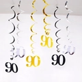 Metallic gold, silver, and black spiral streamers with number 90 for 90th birthday party - 90th Birthday (Gold Silver Black) / 6 Pieces Set