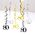 Golden, silver, and black spiral birthday decorations featuring reflective number 80 - 80th Birthday (Gold Silver Black) / 6 Pieces Set