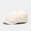 Detailed close-up of beige cotton newsboy cap showing twill fabric texture and top button - M (56-58cm) / Beige