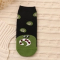 Cotton women's low cut socks featuring green cartoon monster patterns on black base - One Size / Black Green Monster (3551C)