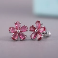 Floral zircon stud earrings with rose pink petals in a silver finish for women - Red