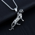 Detailed view of standing tiger pendant in silver titanium steel with punk style - Leopard + Steel Chain