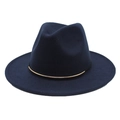 Close-up of dark blue wool fedora hat with gold metal buckle band and flat brim - Navy Blue