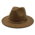 Detail of a brown wool fedora hat featuring a black band with a gold metal buckle accent - Light Coffee