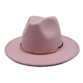 Detailed view of pink wool fedora hat featuring a black and gold buckle band decoration - Pink