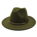 Detail of dark green wool fedora hat featuring black decorative rope and gold metal accents - Army Green