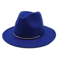 Detail of royal blue fedora hat featuring a chic gold metal buckle and black band trim - Sapphire Blue
