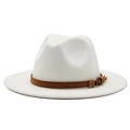 White wool felt jazz fedora hat with a stylish brown leather band and metal buckle - White