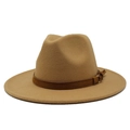 Detailed macro view of camel wool fedora hat with brown leather belt and gold buckle - Camel
