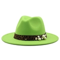 Vibrant green fedora hat with leopard print band and pearl accents on white background - M (56-58cm) / Green