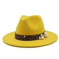 Detail of yellow wool fedora featuring leopard print ribbon and white pearl accents - M (56-58cm) / Yellow