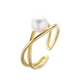 Bague en argent doré à lignes croisées avec perle blanche et anneau réglable - Or Jaune - Perle Blanche