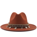Rust orange wool jazz hat with ethnic woven band and antique silver coin pendants - M (56-58cm) / Caramel color