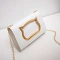 Minimalist white PU leather crossbody bag with golden cat-shaped metal chain strap - White