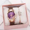 Elegant rose gold watch and swan bracelet set with purple dial and crystal accents - Purple + Bracelet + Box
