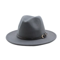 Dark grey wool fedora hat with black faux leather strap and golden metal buckle - Dark Gray