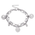 Pulsera de doble capa de acero inoxidable plateado con colgantes de moneda solar - Estilo Color Acero con Dije de Rayos de Sol (KB150605-Z)