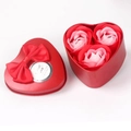 Heart-shaped red metal gift box with three gradient soap roses and a sweet love ribbon bow - 3 Pieces / Red