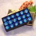 Detail of 18 blue gradient soap roses in a black and gold gift box with a silk ribbon - Blue Mix