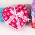 Close-up of heart-shaped gift box with 24 gradient soap roses and Love ribbon - Pink Mix