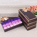 Detailed view of 18 soap roses in a Sweet Love gift box with golden ribbon and labels - Purple Gradient