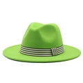 Lime green wool fedora with flat brim and black white striped band for women and men - M (56-58cm) / Green
