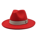 Detail of red wool fedora hat featuring a stylish black and white striped decorative band - M (56-58cm) / Red