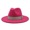 Detail of hot pink wool fedora hat featuring a stylish black and white striped band - Rose Red