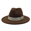 Brown wool fedora hat featuring a classic wide flat brim and striped ribbon band detail - Dark Coffee