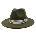 Macro detail of dark green wool fedora hat featuring classic black and white striped band - Army Green