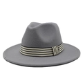 Detailed view of grey wool fedora hat with a decorative black and white striped ribbon band - Light Gray