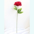 Single stem dark red artificial peony flower with realistic green leaves and silk petals - Red