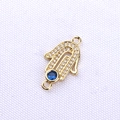 Gold Hamsa Hand connector pendant with blue evil eye and sparkling white crystals - Sapphire Blue Gold Hamsa Hand