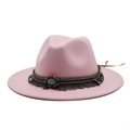 Detail of pink wool fedora with ethnic woven band, turquoise stone, and grey tassels - M (56-58cm) / Pink