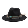 Detail of wool fedora hat with bohemian ethnic band, turquoise stone and grey tassels - M (56-58cm) / Black