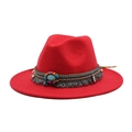 Detail of red wool fedora with ethnic beaded band, turquoise stone, and fringe tassels - M (56-58cm) / Red