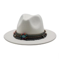 Close-up of white wool fedora with ethnic beaded band and turquoise stone detail - M (56-58cm) / White