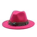 Detail of rose red wool fedora featuring bohemian woven band and turquoise stone - M (56-58cm) / Rose Red