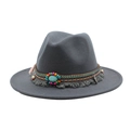 Dark grey wool fedora hat with bohemian braided band, wood beads and turquoise stone - M (56-58cm) / Dark Gray