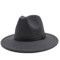 Detailed close-up of dark grey wool felt fedora hat with black decorative band - Dark Gray