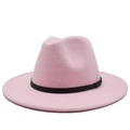 Detailed side view of a pink felt fedora hat featuring a classic black decorative ribbon band - Pink