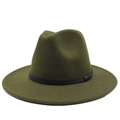 Close-up of army green wool felt fedora featuring a slim black leather decorative band - Army Green