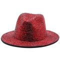 Elegant red wool fedora hat with shimmering rhinestones and a black brim accent - Red Full Rhinestones (JXF-48607)