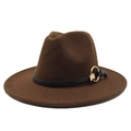 Detail of dark brown wool fedora hat featuring a black leather band and gold metal ring - Dark Coffee
